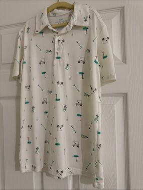 RW Kids' Golf-Print Polo in White with Green Accents